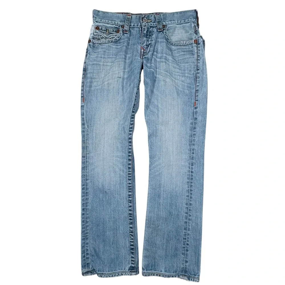 True Religion World Tour Straight Flap Jeans Mens 30 Light Wash Distressed Y2K
